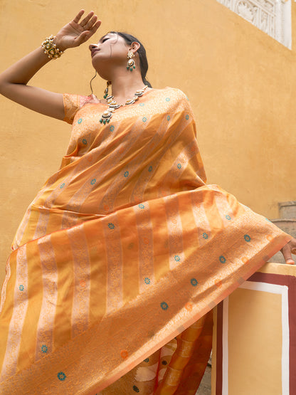 Yellow Organza  Woven Leheriya Saree with Unstitched Blouse Piece