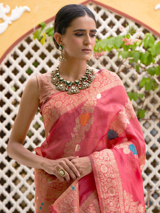 Pink Organza  Woven Leheriya Saree with Unstitched Blouse Piece