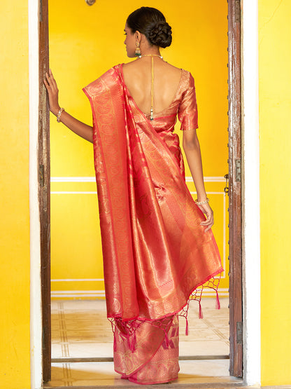 Pink Organza Woven Geometric Design Saree with Unstitched Blouse Piece