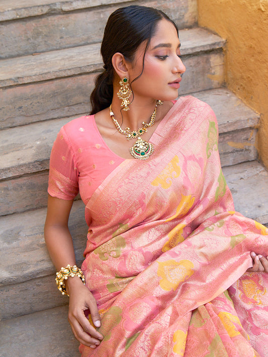 Light Pink Chanderi Silk Ethnic Motifs Saree with Unstitched Blouse Piece
