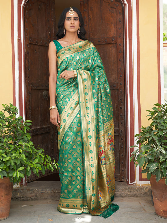 Green Paithani Silk Woven Ethnic Motifs Saree with Unstitched Blouse Piece