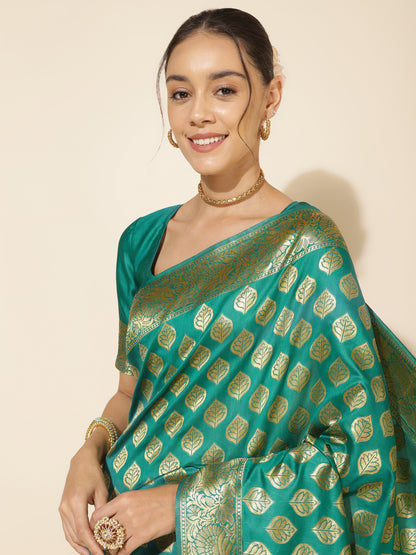 Rama Green Banarasi Silk Ethnic Motifs Saree with Unstitched Blouse Piece