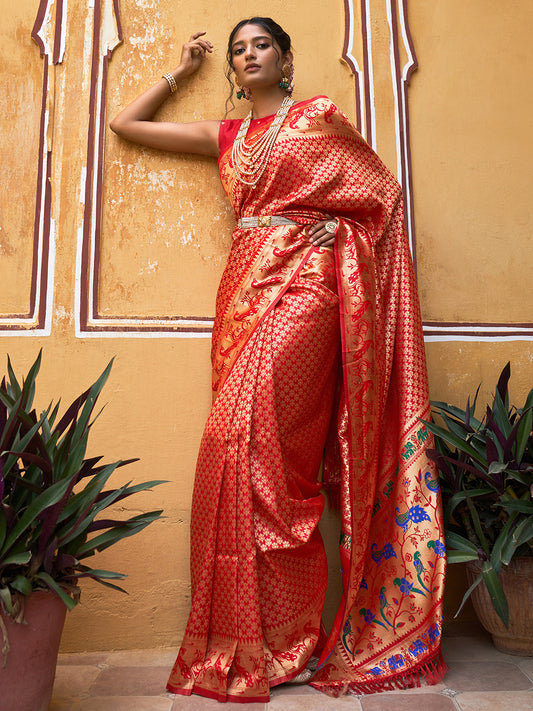 Red Paithani Silk Woven Ethnic Motifs Saree with Unstitched Blouse Piece