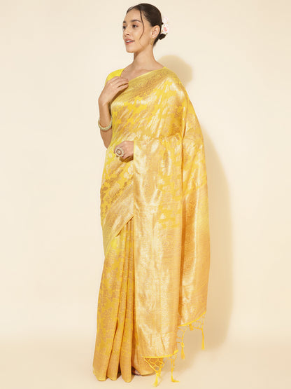 Yellow Chanderi Silk Floral Saree with Unstitched Blouse Piece