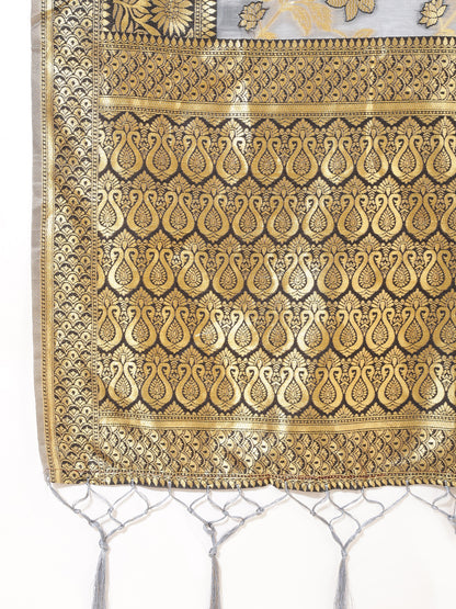 Grey Chanderi Silk Floral Saree with Unstitched Blouse Piece
