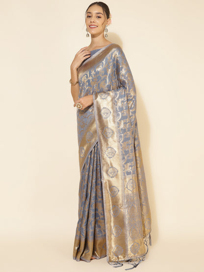 Grey Chanderi Silk Woven Ethnic Motifs Saree with Unstitched Blouse Piece