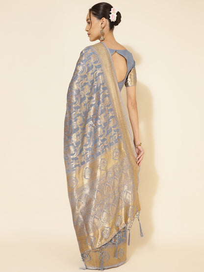 Grey Chanderi Silk Woven Ethnic Motifs Saree with Unstitched Blouse Piece