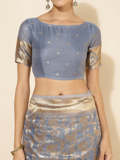 Grey Chanderi Silk Woven Ethnic Motifs Saree with Unstitched Blouse Piece