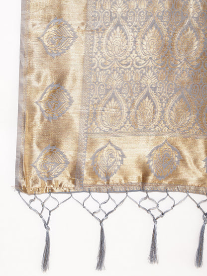 Grey Chanderi Silk Woven Ethnic Motifs Saree with Unstitched Blouse Piece