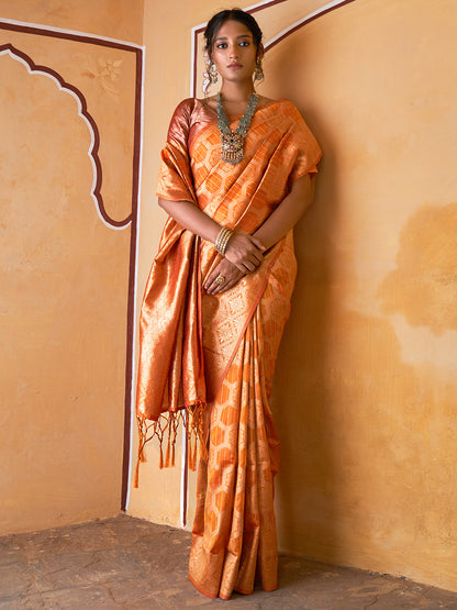 Yellow Organza Woven Ethnic Motifs Saree with Unstitched Blouse Piece