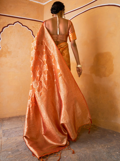 Yellow Organza Woven Ethnic Motifs Saree with Unstitched Blouse Piece
