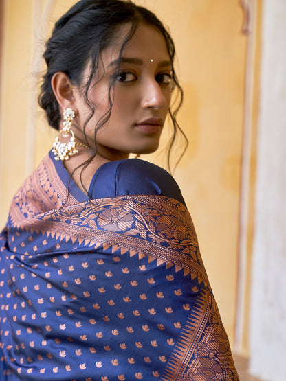 Navy Blue Banarasi Silk Ethnic Motifs Saree with Unstitched Blouse Piece