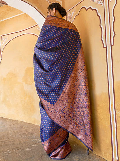 Navy Blue Banarasi Silk Ethnic Motifs Saree with Unstitched Blouse Piece