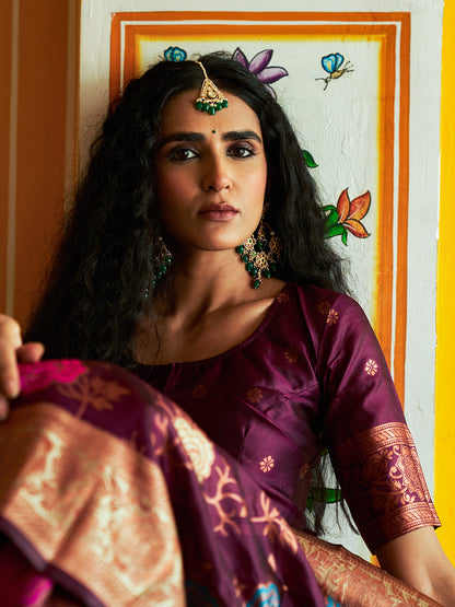 Wine Banarasi Silk Ethnic Motifs Saree with Unstitched Blouse Piece