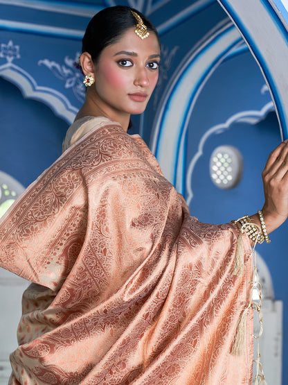 Beige Chanderi Silk Paisley Saree with Unstitched Blouse Piece
