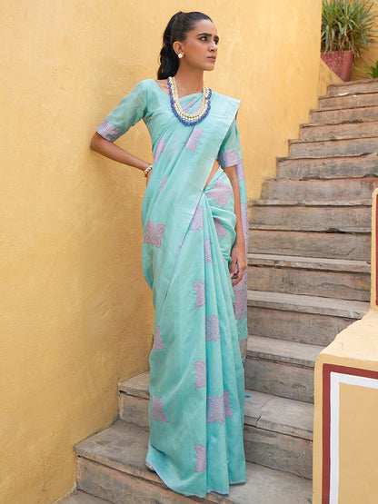 Sea Green Kanjeevaram Silk Woven Ethnic Motifs Saree with Unstitched Blouse Piece