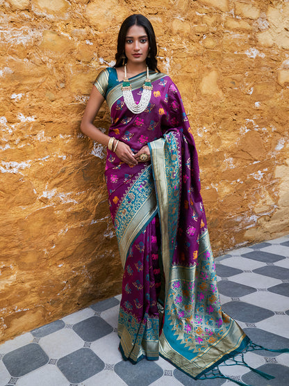 Wine Cotton Silk Woven Ethnic Motifs Saree with Unstitched Blouse Piece