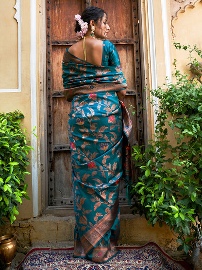Teal Green Banarasi Silk Woven Dual Tone Floral Design Saree with Unstitched Blouse Piece