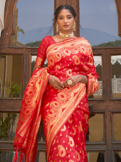 Red Banarasi Silk Paisley Saree with Unstitched Blouse Piece