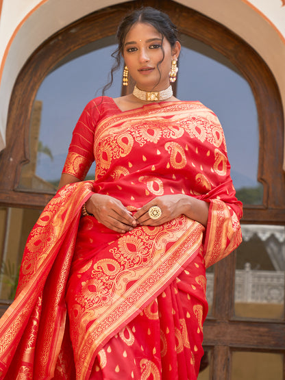 Red Banarasi Silk Paisley Saree with Unstitched Blouse Piece