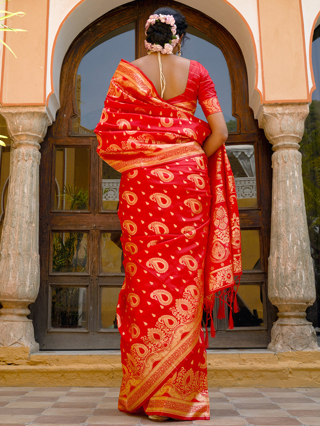 Red Banarasi Silk Paisley Saree with Unstitched Blouse Piece