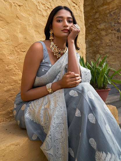 Grey Linen Blend Woven Floral Design Saree with Unstitched Blouse Piece