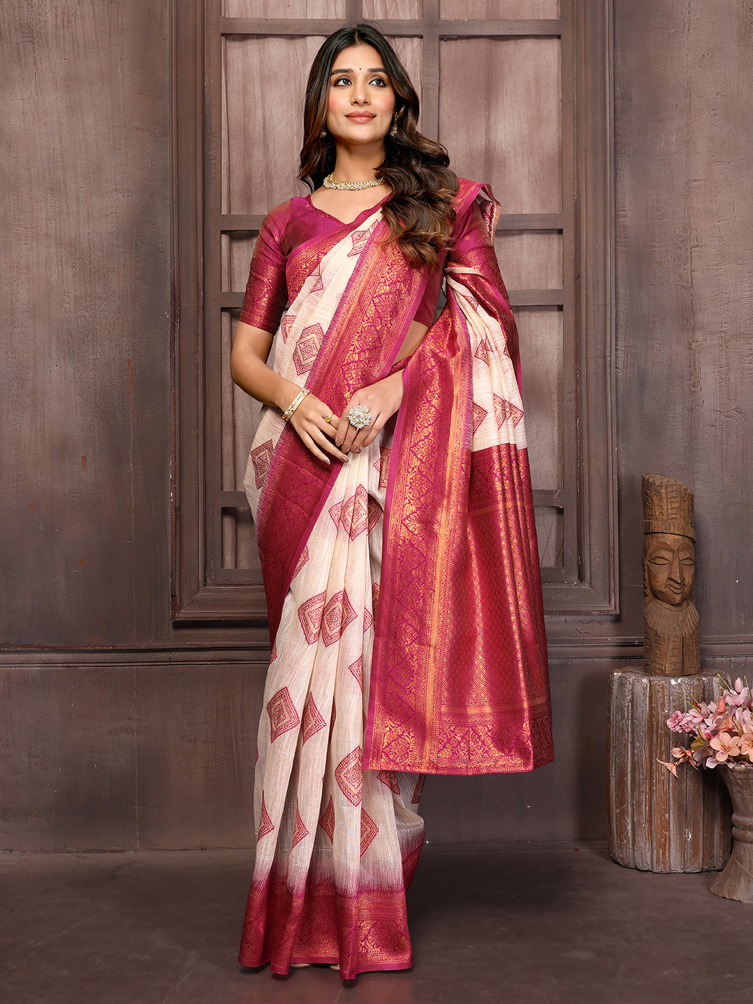 Beige & Wine Linen Blend Ethnic Motifs Woven Design Kanjivaram Saree with Blouse Piece