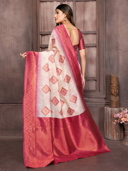 Beige & Wine Linen Blend Ethnic Motifs Woven Design Kanjivaram Saree with Blouse Piece