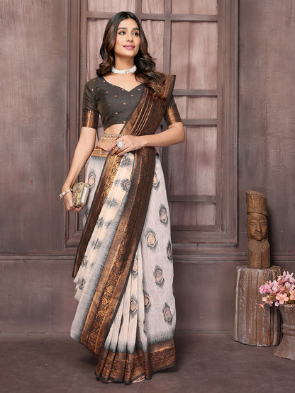 Beige & Brown Linen Blend Ethnic Motifs Woven Design Kanjivaram Saree with Blouse Piece