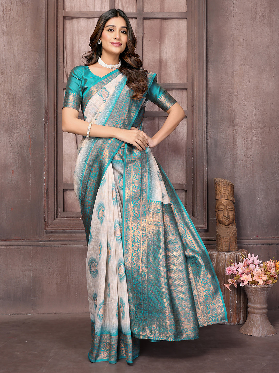 Beige & Teal Blue Linen Blend Ethnic Motifs Woven Design Kanjivaram Saree with Blouse Piece