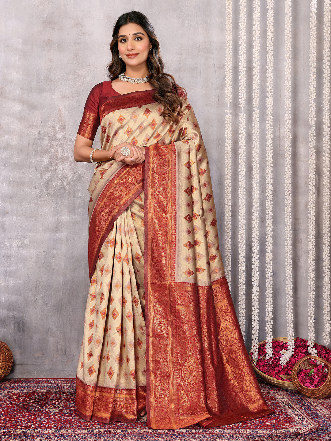Beige Silk Blend Ethnic Motifs Woven Design Kanjivaram Saree with Blouse Piece