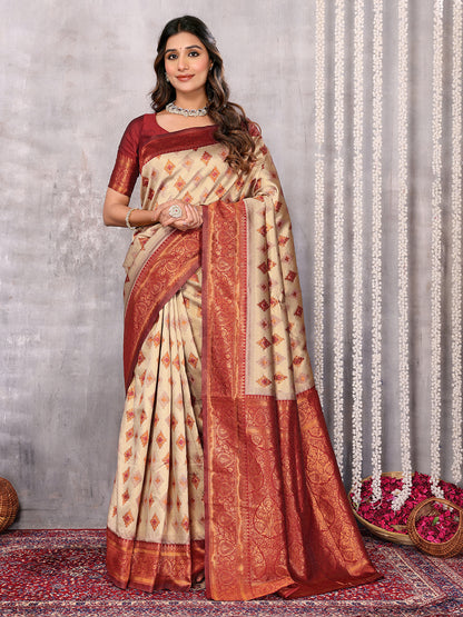 Beige Silk Blend Ethnic Motifs Woven Design Kanjivaram Saree with Blouse Piece