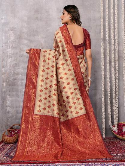 Beige Silk Blend Ethnic Motifs Woven Design Kanjivaram Saree with Blouse Piece