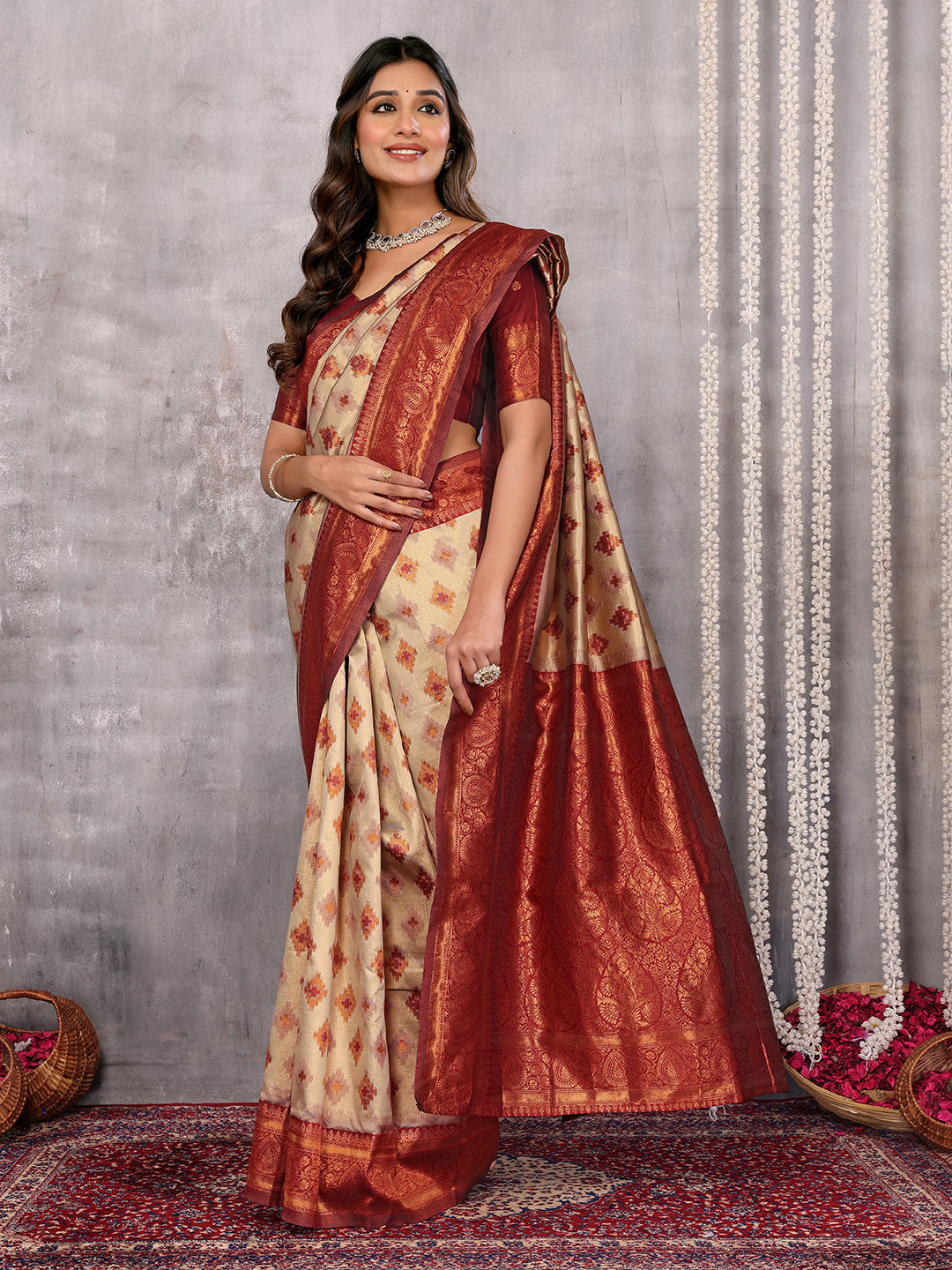 Beige Silk Blend Ethnic Motifs Woven Design Kanjivaram Saree with Blouse Piece