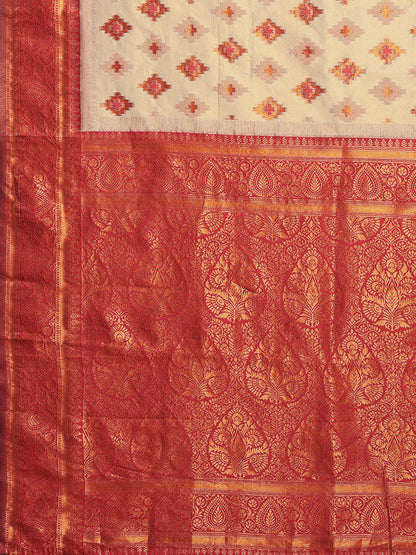 Beige Silk Blend Ethnic Motifs Woven Design Kanjivaram Saree with Blouse Piece