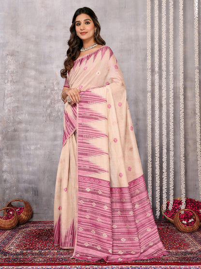 Beige & Mauve Linen Blend Geometric Woven Design Woven Saree with Blouse Piece