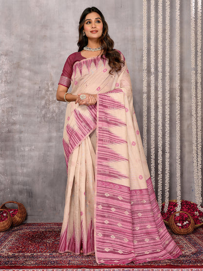 Beige & Mauve Linen Blend Geometric Woven Design Woven Saree with Blouse Piece