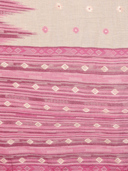 Beige & Mauve Linen Blend Geometric Woven Design Woven Saree with Blouse Piece