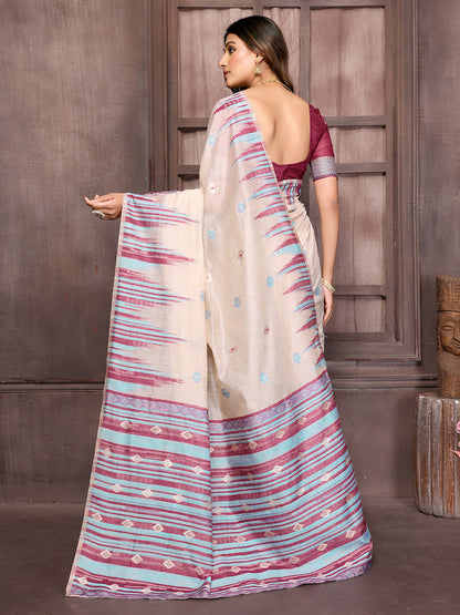 Beige & Wine Chanderi Geometric Woven Design Woven Saree with Blouse Piece