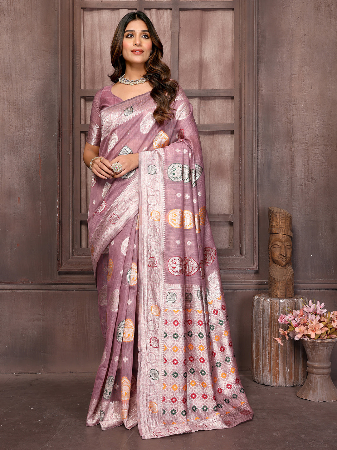Mauve Linen Blend Ethnic Print Woven Design Woven Saree with Blouse Piece