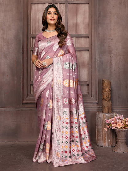 Mauve Linen Blend Ethnic Print Woven Design Woven Saree with Blouse Piece