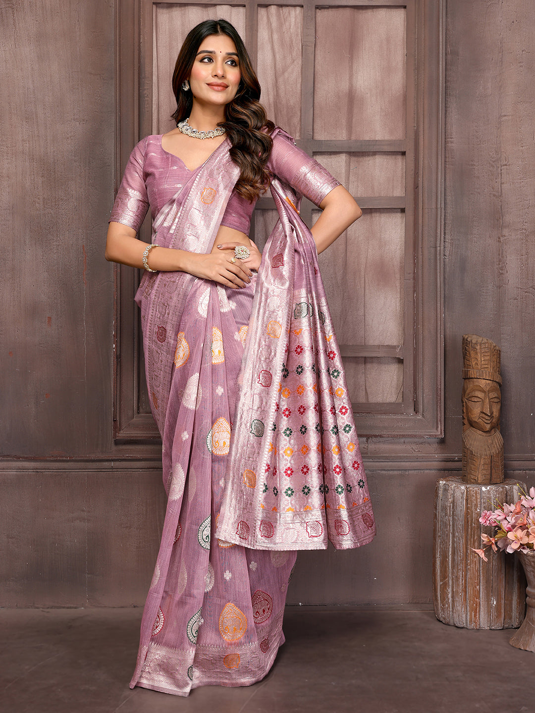 Mauve Linen Blend Ethnic Print Woven Design Woven Saree with Blouse Piece