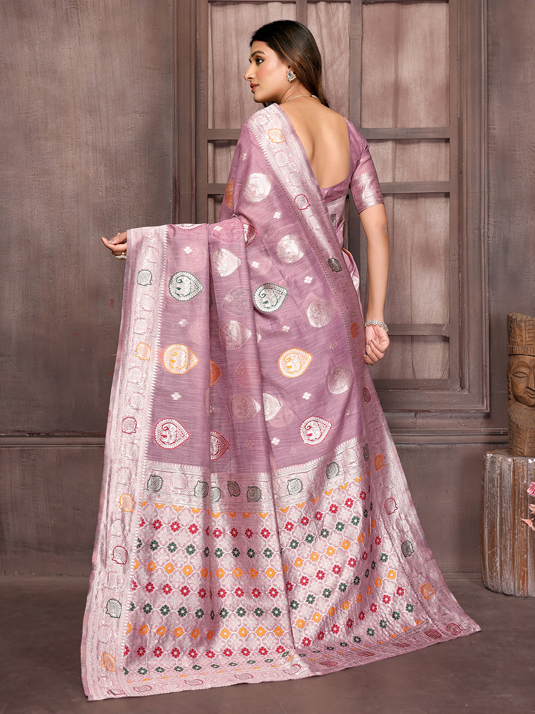Mauve Linen Blend Ethnic Print Woven Design Woven Saree with Blouse Piece