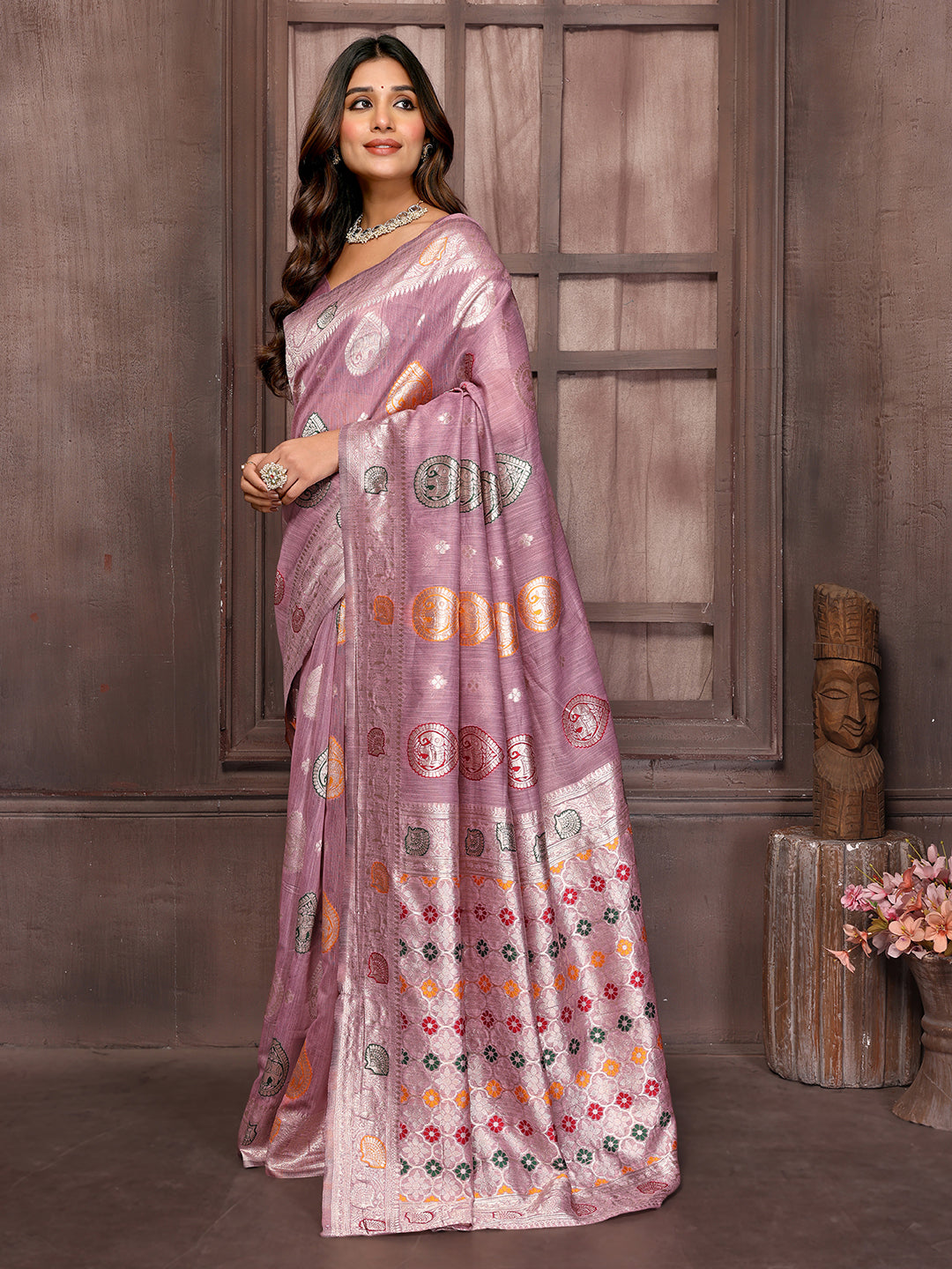 Mauve Linen Blend Ethnic Print Woven Design Woven Saree with Blouse Piece