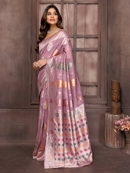 Mauve Linen Blend Ethnic Print Woven Design Woven Saree with Blouse Piece