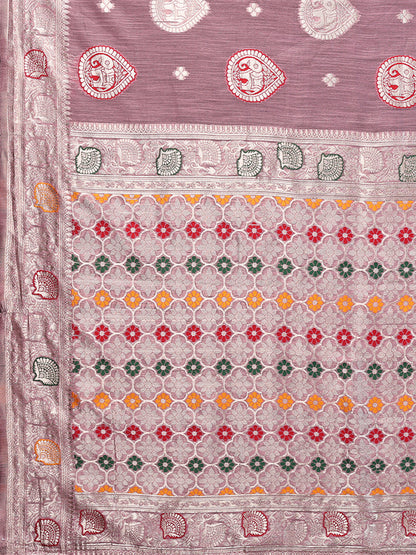 Mauve Linen Blend Ethnic Print Woven Design Woven Saree with Blouse Piece