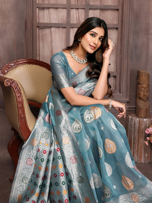 Blue Linen Blend Ethnic Motifs Woven Design Kanjivaram Saree with Blouse Piece