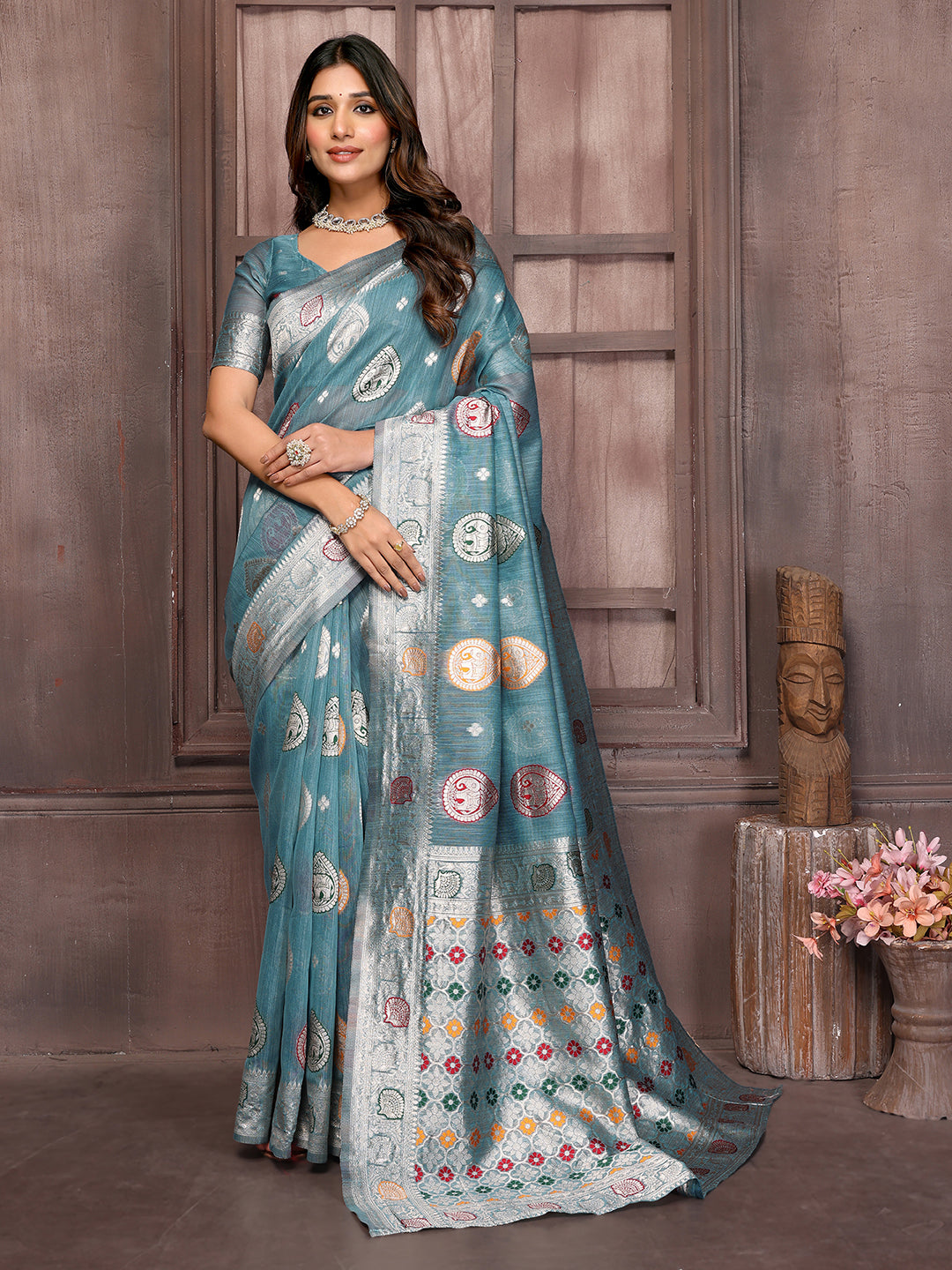 Blue Linen Blend Ethnic Motifs Woven Design Kanjivaram Saree with Blouse Piece
