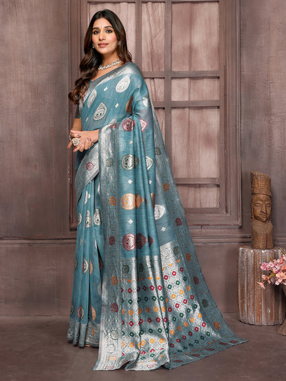 Blue Linen Blend Ethnic Motifs Woven Design Kanjivaram Saree with Blouse Piece