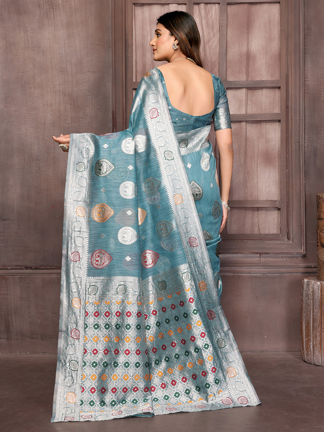 Blue Linen Blend Ethnic Motifs Woven Design Kanjivaram Saree with Blouse Piece